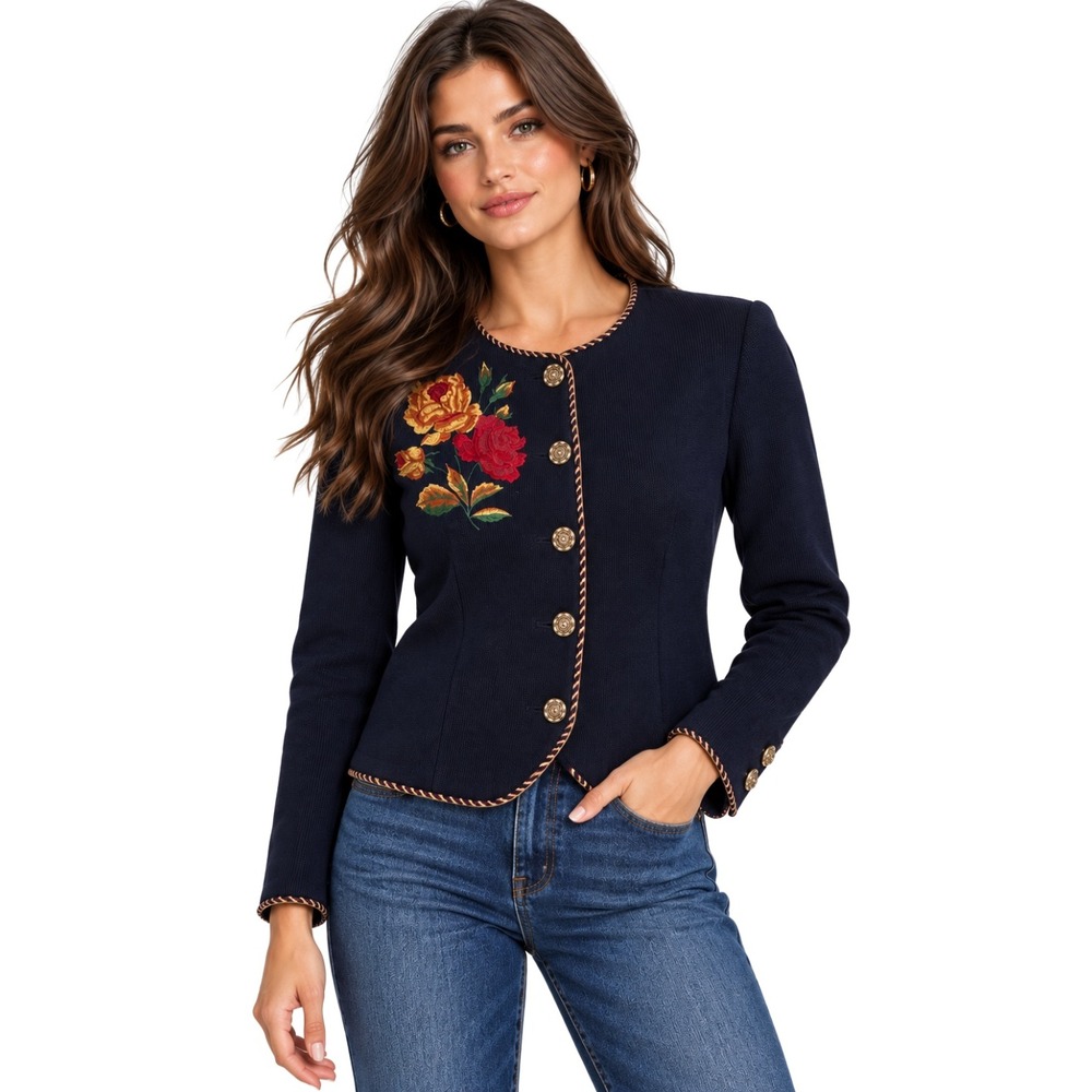 Vintage Floral Embroidered Knit Cardigan Jacket Cottagecore Preppy USA 5/6 Blue